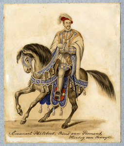 32658 Afbeelding van een kostuumontwerp van Emanuel Philibert, Prins van Piemont, Hertog van Savoye, te paard, figurant ...